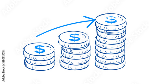 Blue dollar coins stacked in ascending order with upward arrow