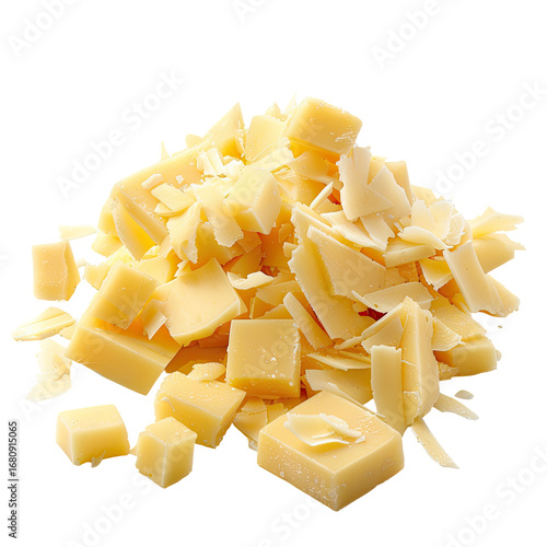 Pile of shredded cheese.  Chunks and shavings of pale yellow cheese