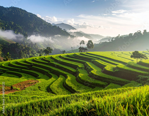 Lush green rice terraces carved into misty mountains at sunrise