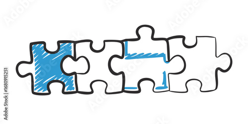 Blue puzzle pieces with sketched lines black outline