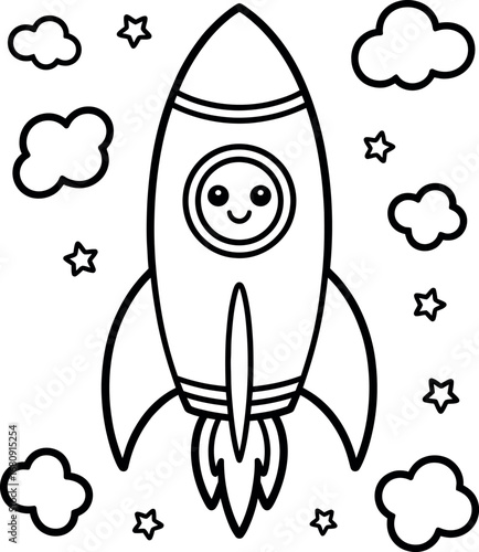 Rocket Ship Flying in Space with Cute Smiling Face Line Art
