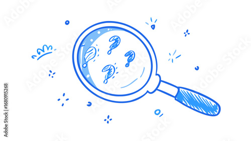 Blue question marks under magnifying glass doodle illustration