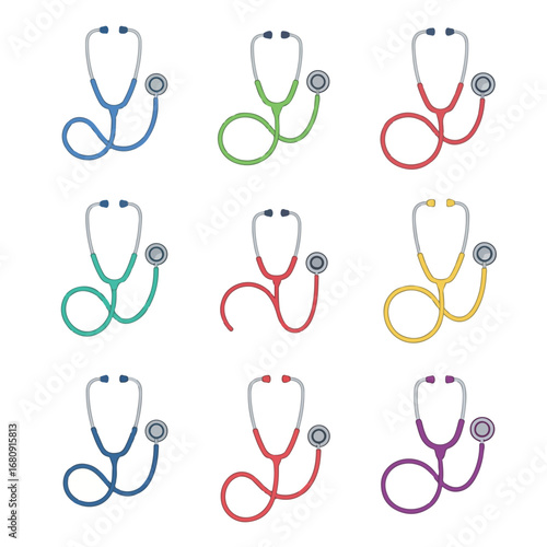 Collection of colorful stethoscopes in various shades representing healthcare and medical professions
