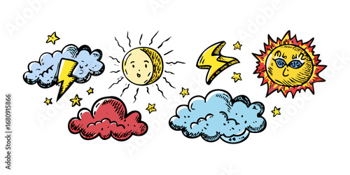 Cartoon comic style weather icons moon clouds