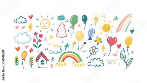 Cheerful doodle elements with suns hearts and balloons
