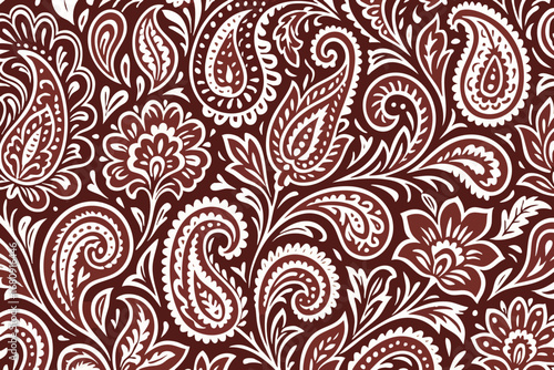 Seamless paisley pattern in white on deep burgundy. Ornate floral boteh swirls for bandanas, fabric, wallpaper, and backgrounds. Vintage decorative vector ideal for boho branding and home decor