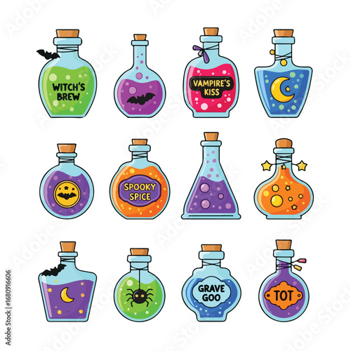 Collection of twelve spooky halloween potion bottles filled with colorful liquids and themed labels
