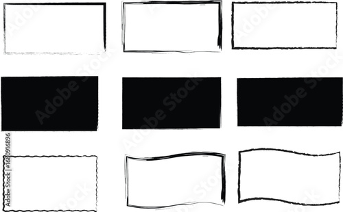 Abstract vector frame collection with rectangular shapes in black and white. Minimal hand-drawn border elements for design, layouts, posters, templates, and creative backgrounds.