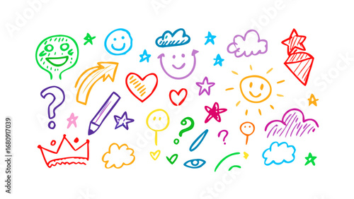 Colorful crayon doodles of happy faces and symbols