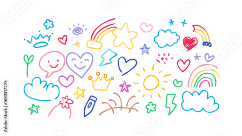 Colorful doodle icons with childlike charm sketch