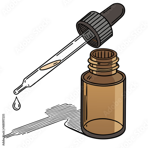 A dropper with a drop of liquid falling into an open amber glass bottle