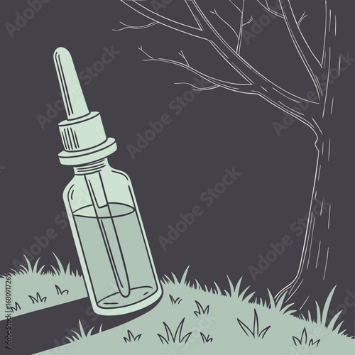 A glass dropper bottle with liquid rests on grass next to a stylized tree trunk