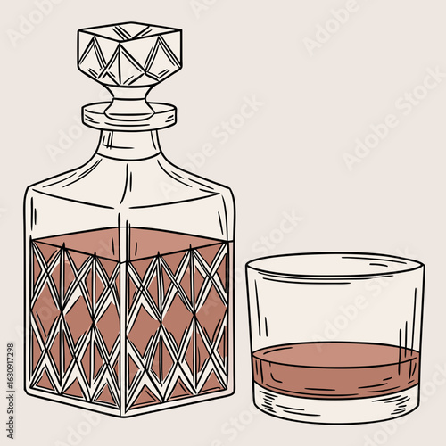 A hand drawn illustration of a crystal decanter filled with amber liquid next to a glass of whiskey