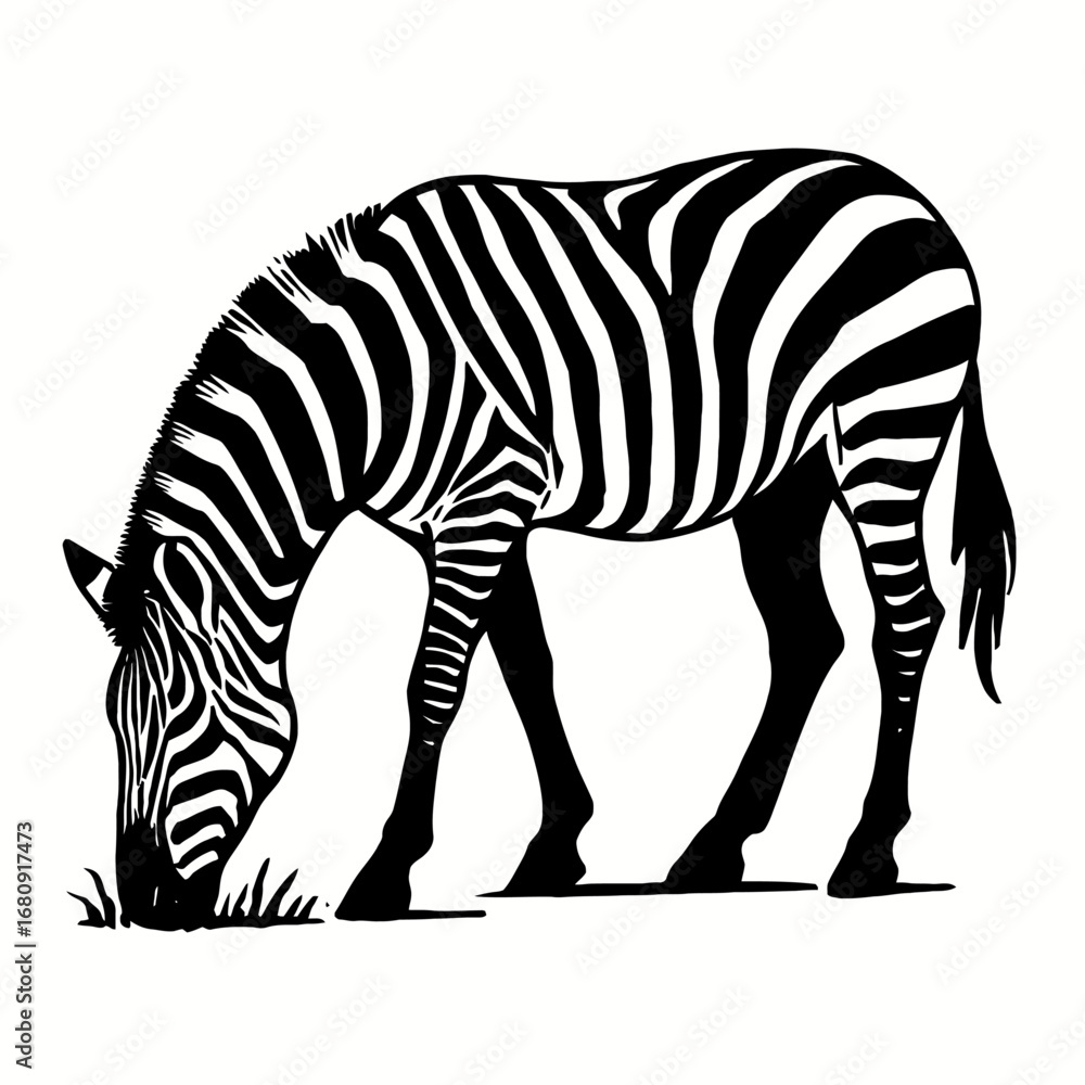 Obraz premium Black and White Zebra Grazing - Vector Illustration of Wild African Animal Eating Grass