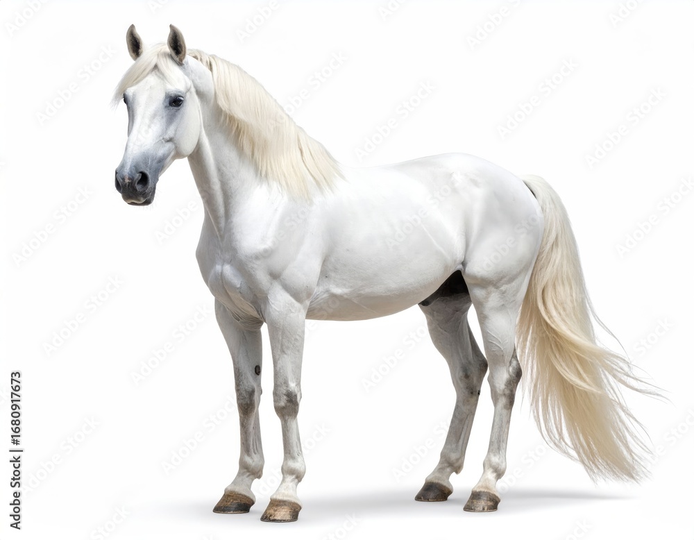 Obraz premium Elegant Full Body Isolated White Andalusian Horse Stallion Standing Still