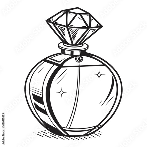 Elegant black and white illustration of a round perfume bottle with a diamond shaped cap and sparkling details