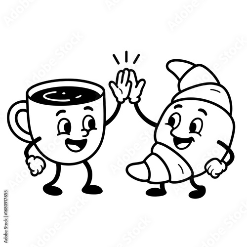Coffee Cup and Croissant High Five Icon Vector - Cute Morning Food Characters.html