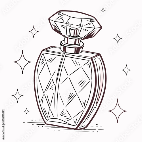 Elegant diamond shaped perfume bottle with sparkling stars and a delicate outline drawing