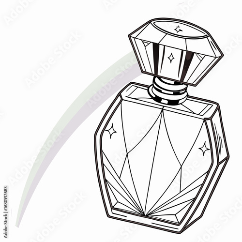 Elegant faceted perfume bottle with a diamond shaped cap and subtle shimmering accents