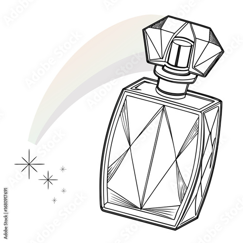 Elegant faceted perfume bottle with a sparkling scent trail and subtle rainbow gradient