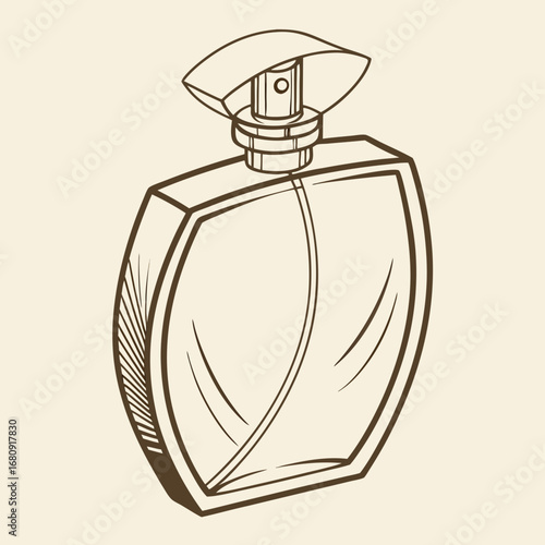 Elegant hand drawn sketch of a modern perfume bottle with a stylish cap and atomizer