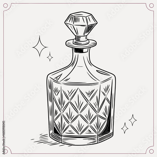 Elegant vintage crystal decanter with faceted stopper and diamond pattern etching sparkling