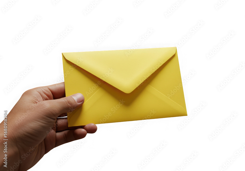 Fototapeta premium Hand holding yellow envelope mail isolated on transparent background