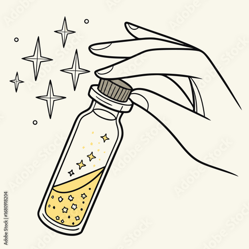 Hand holding a glass vial filled with sparkling yellow liquid and small stars surrounded by magical sparkles