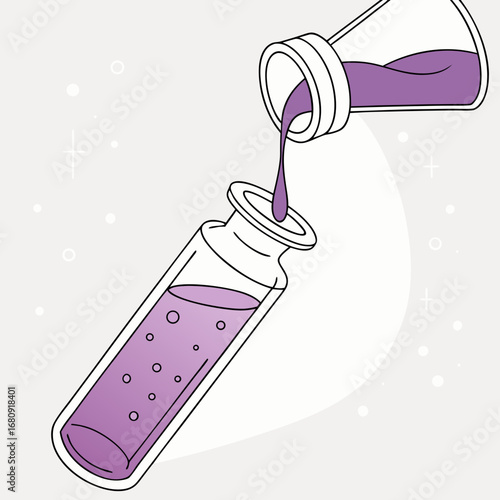 Pouring purple liquid from one laboratory flask into another with bubbles and sparkles