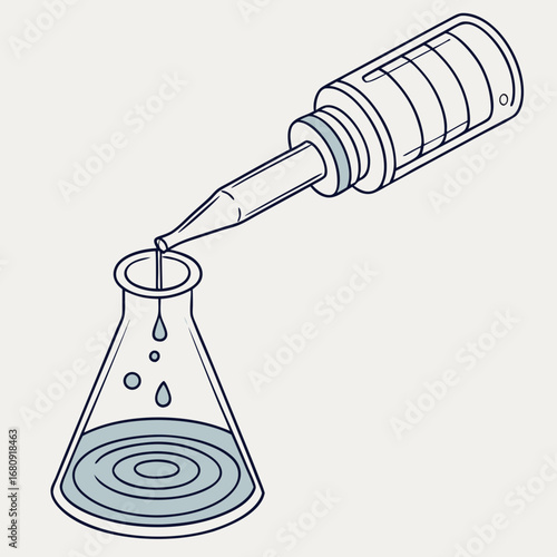 Scientist adding liquid drop from pipette into erlenmeyer flask with ripples in blue liquid