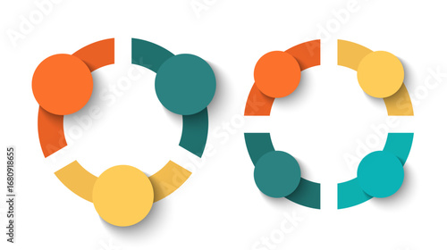 Blank template of pie chart divided into three or four parts isolated on white background