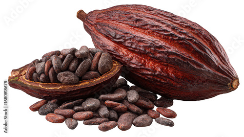Cocoa Beans and Pod on Transparent Background
