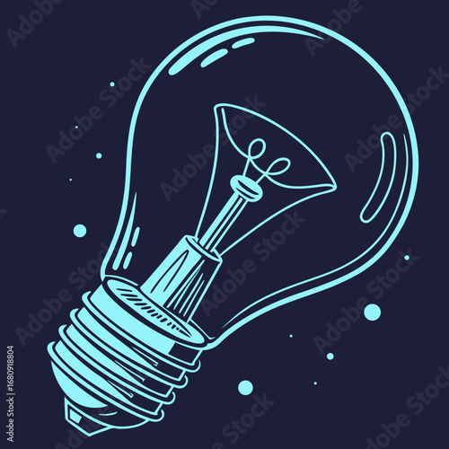 Stylized neon blue light bulb illustration against a dark navy background with subtle dots