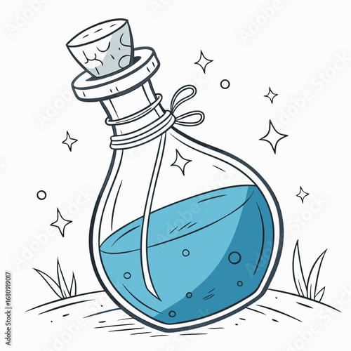 Whimsical cartoon drawing of a glass potion bottle filled with blue liquid and sparkling magic