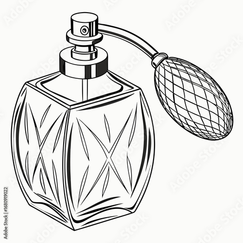Vintage style perfume bottle with a bulb atomizer and decorative etched glass on a white background