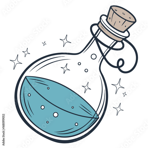 Whimsical hand drawn potion bottle filled with sparkling blue liquid and surrounded by stars