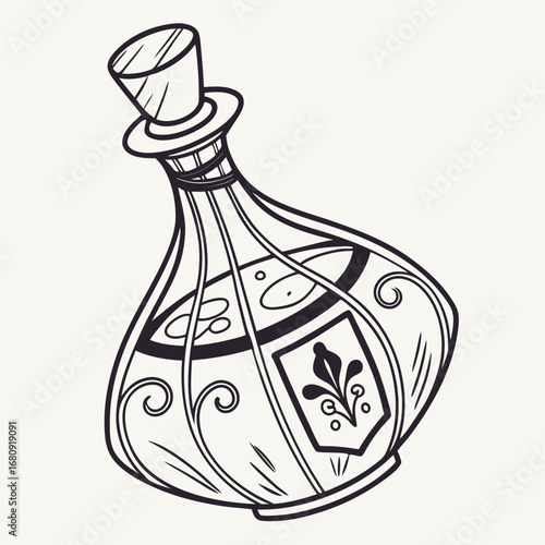 Whimsical hand drawn potion bottle with decorative swirls and a fleur de lis emblem