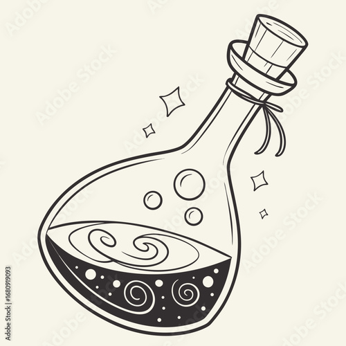 Whimsical hand drawn potion bottle with swirling liquid and bubbles perfect for fantasy or halloween themes