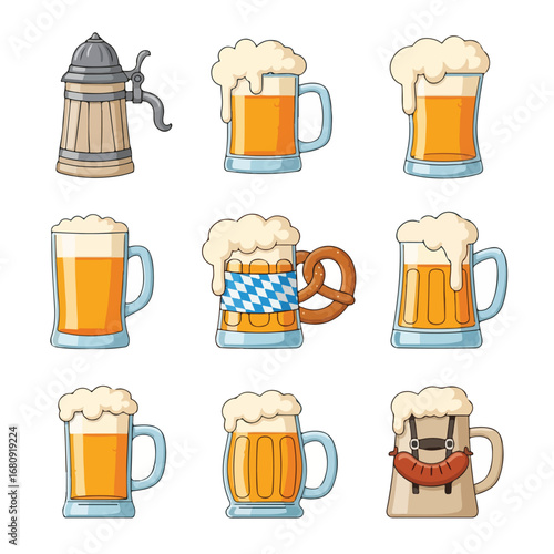 Collection of nine illustrated beer mugs and steins filled with frothy golden lager beer