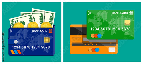 Blue wallet with monetary bills, coins, and bank card. Digital payment method, payment online financial transaction. Financial concept.
