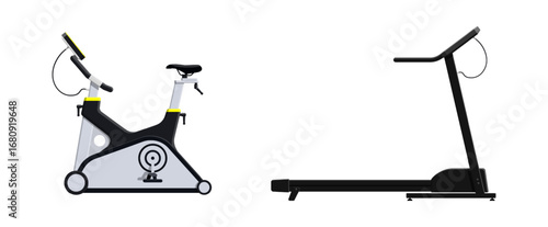 Exercise bike and treadmill. Flat style vector fitness equipment. Gym or home workout concept for healthy lifestyle.