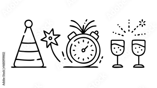 Festive New Year Celebration Icons fireworks clock