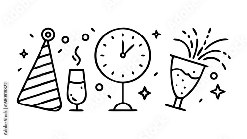 Festive New Year Celebration Icons fireworks clock