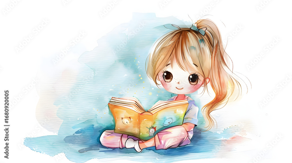 Naklejka premium cute chibi girl reading a comic book sitting