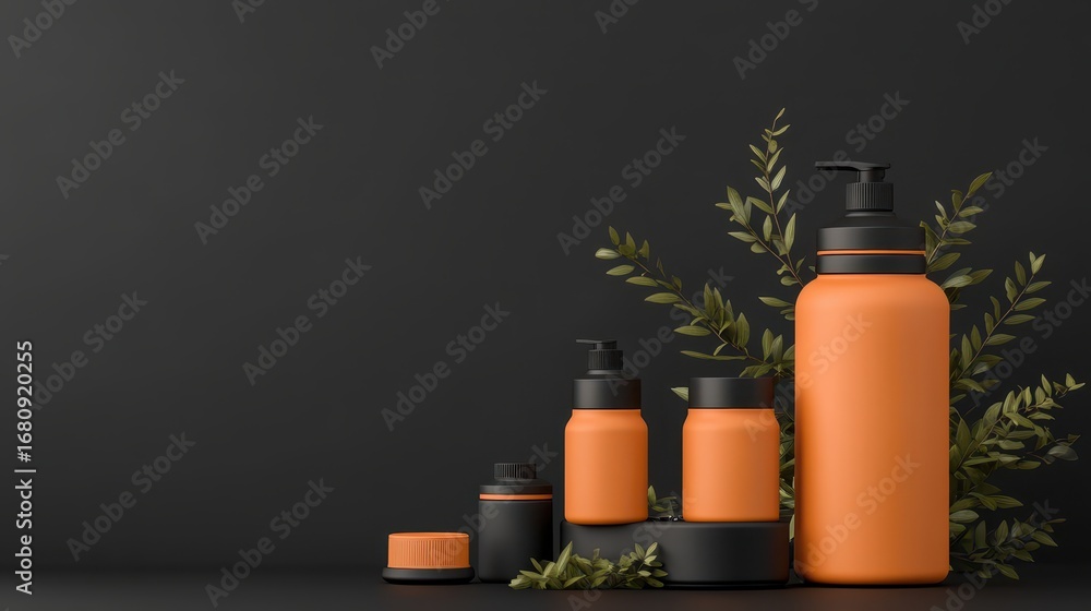 Fototapeta premium Orange bottles with black lids and pump dispenser on display with green leaves against dark backdrop, clean product presentation.