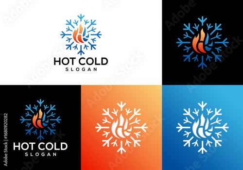 HVAC logo icon vector template, fire logo with ice symbol and initial H