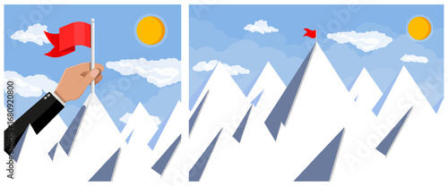 Man climbing mountain to put red flag. Achievement of goal, success, business target. Flat style stock vector set collection illustration.