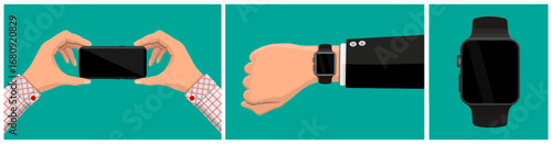 Man hand holding smartphone horizontal. Man hand with smart watch. Modern personal mobile gadget communication device.