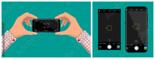 Man holding phone filming video. Smartphone with camera interface, recording screen and photo mode. Modern mobile technology.