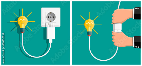 Man connects light bulb power adaptor to electric plug. Energy innovation and new idea concept. Solution strategy for creative business.